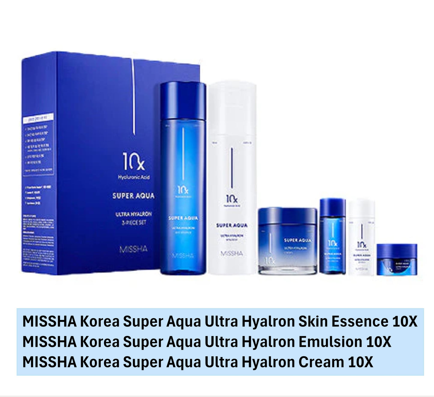 MISSHA Korea Super Aqua Ultra Hyalron 10X Set (6 ea) : 3 Moisturizers, 10 Hyaluronic Acid Molecules, Mild Formula, 100 Hours Long-lasting Moisturizer